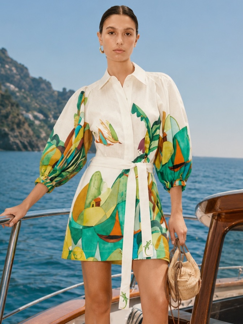 Alemais White Shirt Dress with Green and Yellow Scenic Print